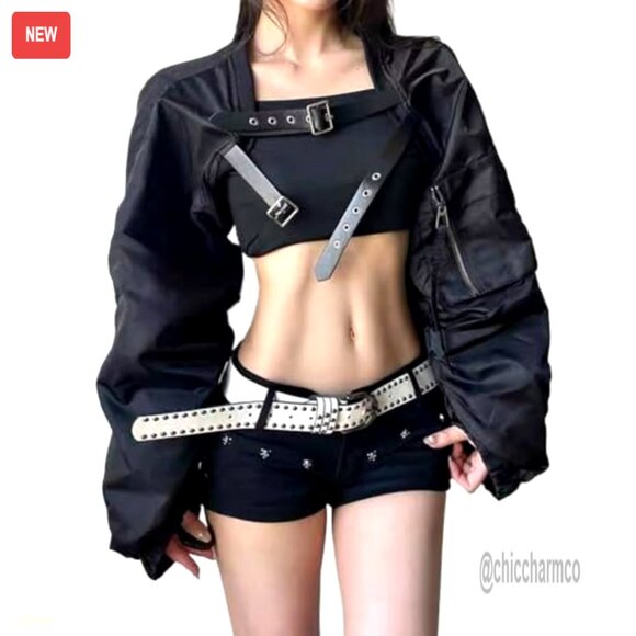 Y2K Motorcycle Jacket Pleated Cropped Belted Edgy Retro Modern Chic